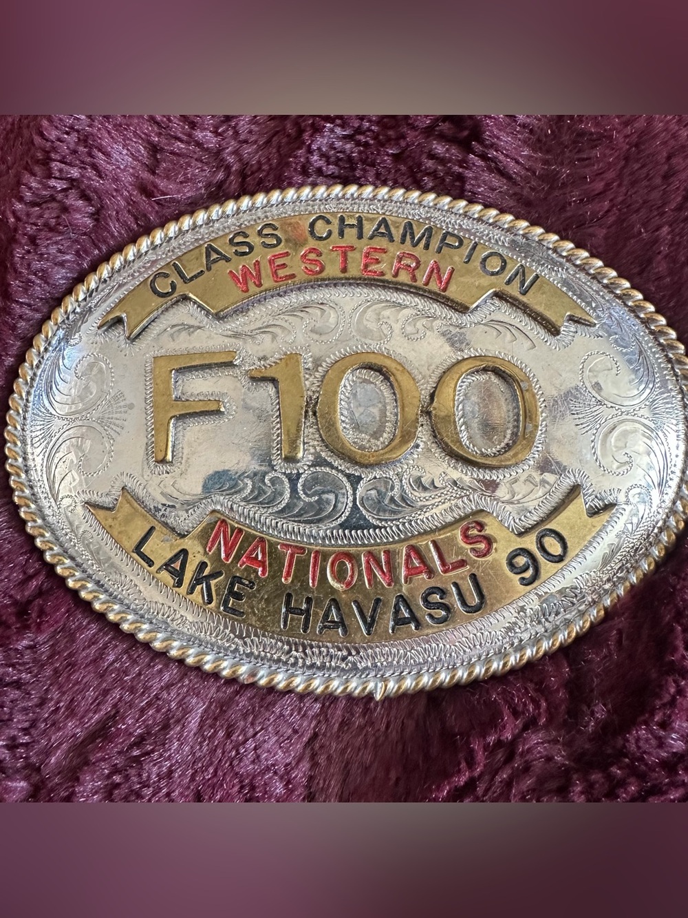 Class Champion Western F100 Nationals Lake Havasu 1990 Belt Buckle • Silver Gold